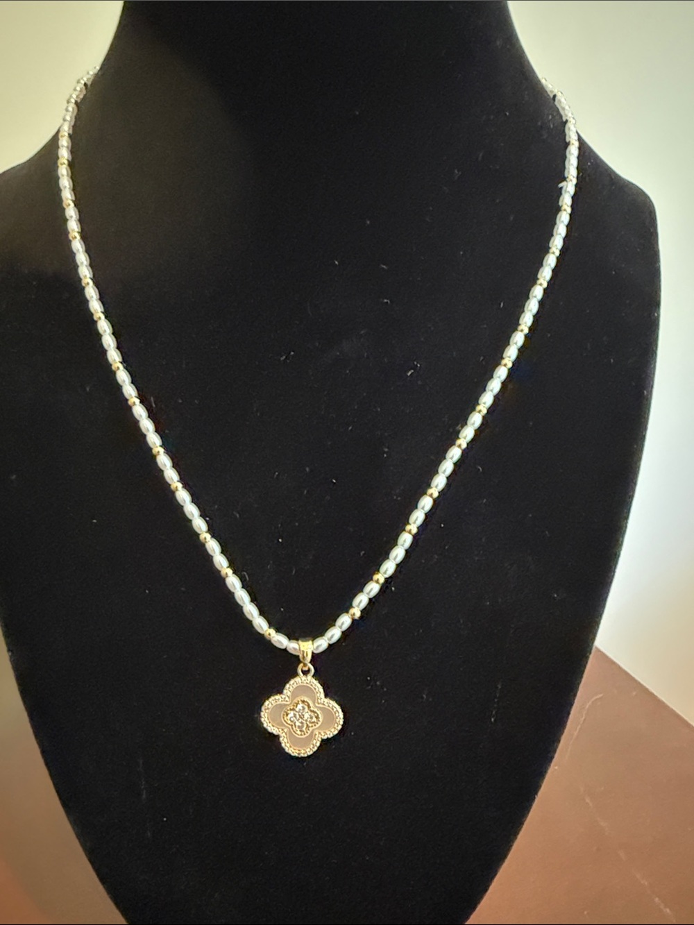Gold plated over brass Clover Pendant Pearl Necklace - Women Jewelry. 18 “.